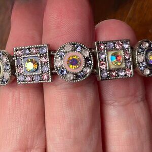 AB Rhinestone Stretch Bracelet | Silver Tone Square & Round Links | Y2K